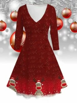 Womenâs Christmas Wine Brown Long Sleeve Elk Print Winter Autumn V Neck Fashion Daily Weekend Loose Fit 2022 S M L XL 2XL 3XL 4XL 5XL 6XL