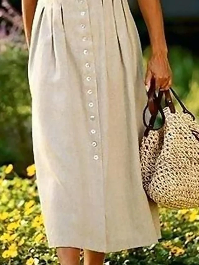 Women's Casual Dress Cotton Linen Dress Midi Dress Cotton Blend Fashion Modern Outdoor Office Daily V Neck Button Short Sleeve Summer Spring 2023 Loose Fit Khaki Plain S M L XL 2XL 5 Women's Casual Dress Cotton Linen Dress Midi Dress Cotton Blend Fashion Modern Outdoor Office Daily V Neck Button Short Sleeve Summer Spring 2023 Loose Fit Khaki Plain S M L XL 2XL - Image 3