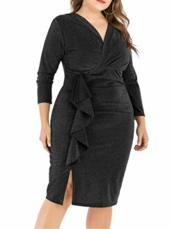 Women‘s Plus Size Curve Work Dress Sheath Dress Semi Formal Dress Fashion Midi Dress Ruffle V Neck Long Sleeve Plain Regular Fit Black Wine Fall Winter XL XXL 3XL 4XL 5XL -LIGHTINTHEBOX Shop etrhsu1691401478687
