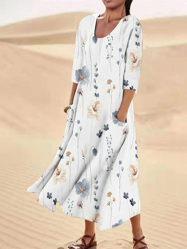 Women's Casual Dress Cotton Linen Dress Midi Dress Polyester Fashion Casual Daily Outdoor Daily Vacation Crew Neck Pocket Print Half Sleeve Summer Spring Fall 2023 Loose Fit ArmyGreen White Red Leaf 3 Women's Casual Dress Cotton Linen Dress Midi Dress Polyester Fashion Casual Daily Outdoor Daily Vacation Crew Neck Pocket Print Half Sleeve Summer Spring Fall 2023 Loose Fit ArmyGreen White Red Leaf