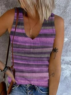 Women's Tank Top Going Out Tops Pink Blue Purple Striped Button Print Sleeveless Casual Basic V Neck Regular Fit -LIGHTINTHEBOX Shop eusgey1683612012985