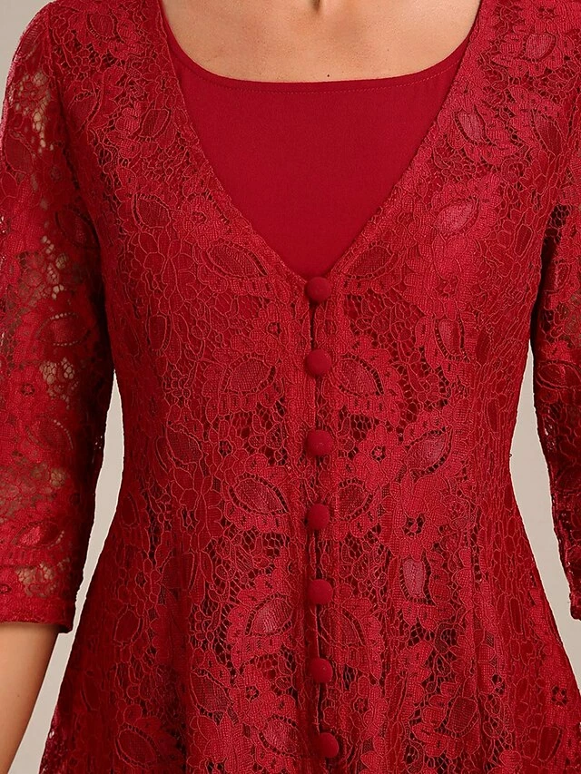 Women's Party Dress Lace Dress Cocktail Dress Midi Dress Red 3/4 Length Sleeve Pure Color Lace Spring Fall Winter Crew Neck Fashion Winter Dress Christmas Wedding Guest 2023 S M L XL XXL 3XL 5 Women's Party Dress Lace Dress Cocktail Dress Midi Dress Red 3/4 Length Sleeve Pure Color Lace Spring Fall Winter Crew Neck Fashion Winter Dress Christmas Wedding Guest 2023 S M L XL XXL 3XL - Image 3