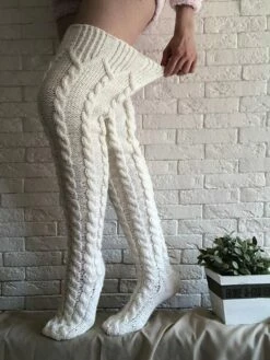 Women's Stockings Thigh-High Crimping Socks Tights Thermal Warm Stretchy Knitting Fashion Casual Daily White One-Size