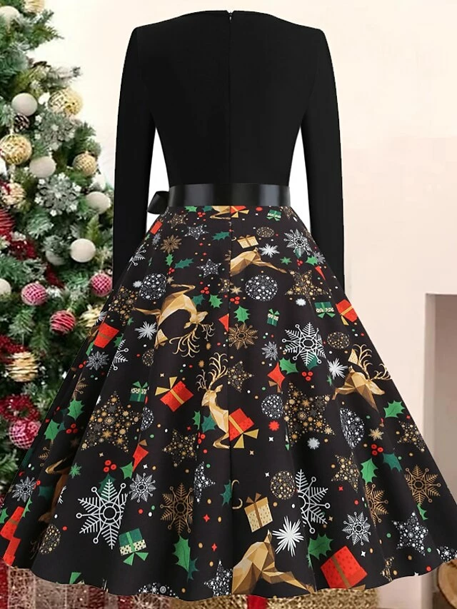 Women's Christmas Casual Dress Swing Dress Vintage Dress Midi Dress Black Wine Orange Long Sleeve Animal Bow Winter Fall Autumn V Neck 2022 S M L XL XXL 3XL 7 Women's Christmas Casual Dress Swing Dress Vintage Dress Midi Dress Black Wine Orange Long Sleeve Animal Bow Winter Fall Autumn V Neck 2022 S M L XL XXL 3XL - Image 5