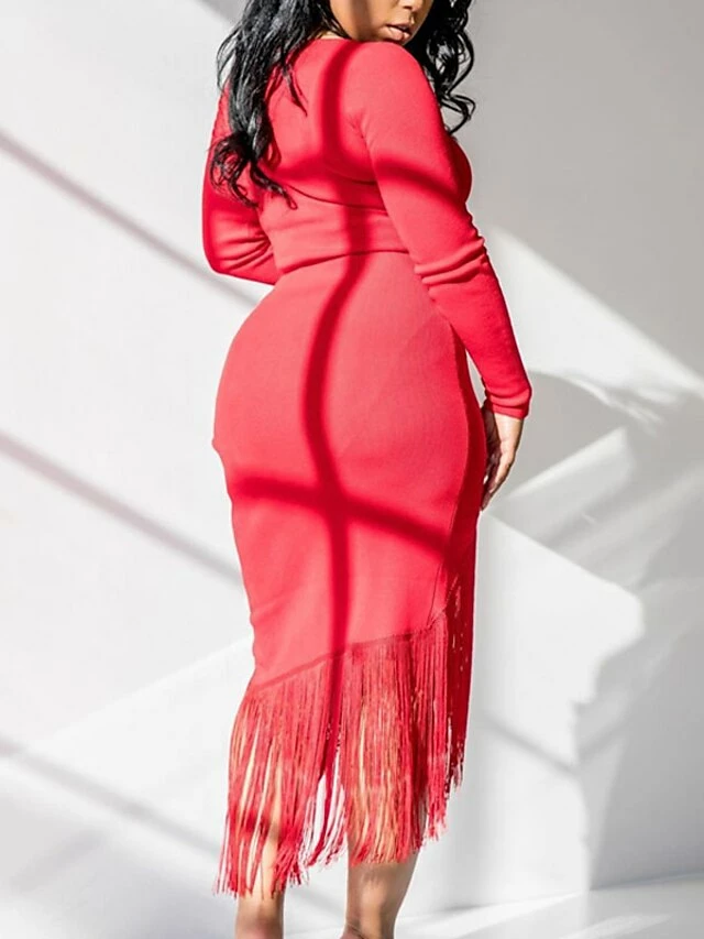 Women‘s Party Dress Wedding Guest Dress Fringe Dress Bodycon Midi Dress Black White Red Long Sleeve Pure Color Tassel Fringe Spring Fall Winter V Neck Fashion Winter Dress Vacation 2022 S M L XL XXL 7 Women‘s Party Dress Wedding Guest Dress Fringe Dress Bodycon Midi Dress Black White Red Long Sleeve Pure Color Tassel Fringe Spring Fall Winter V Neck Fashion Winter Dress Vacation 2022 S M L XL XXL - Image 5