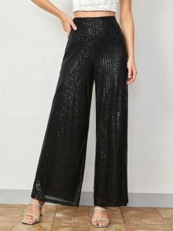 Women's Wide Leg Pants Sequin Trousers Black Mid Waist Fashion Streetwear Party Street Daily Micro-elastic Full Length Breathability Plain S M L XL