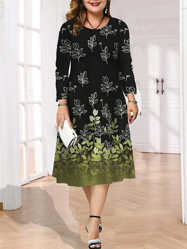 Women's Plus Size Curve Casual Dress Skater Dress A Line Dress Leaf Gradient Midi Dress Long Sleeve Print Crew Neck Fashion Outdoor Deep Purple Deep Green Fall Winter L XL XXL 3XL 4XL 8 Women's Plus Size Curve Casual Dress Skater Dress A Line Dress Leaf Gradient Midi Dress Long Sleeve Print Crew Neck Fashion Outdoor Deep Purple Deep Green Fall Winter L XL XXL 3XL 4XL - Image 6