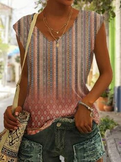 Women's Tank Top Red Blue Purple Striped Print Sleeveless Casual Basic V Neck Regular Fit