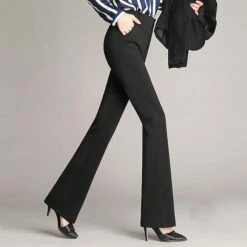 Women's Dress Pants Bootcut Flare Full Length Side Pockets Micro-elastic Mid Waist Fashion Party Work Black Wine S M