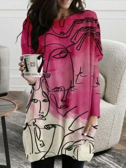 Women's T Shirt Dress Tee Dress Shift Dress Mini Dress White Pink Fuchsia Long Sleeve Abstract Print Spring Fall Crew Neck Personalized Winter Dress Vacation Fall Dress Loose Fit 2023 XS S M L XL XXL