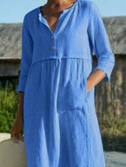 Women's Cotton Linen Dress Shift Dress A Line Dress Maxi Long Dress Linen Cotton Blend Hot Casual Daily Vacation Shirt Collar Pocket 3/4 Length Sleeve Summer Spring Linen Loose Fit Black Pink Wine -LIGHTINTHEBOX Shop eyfilt1651197998593