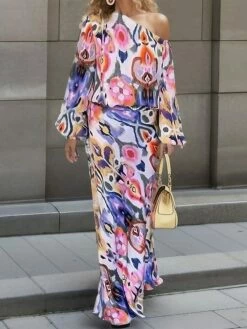 Women's Two Piece Dress Set Casual Dress Sheath Dress Outdoor Daily Fashion Streetwear Print Maxi Dress One Shoulder Long Sleeve Graphic Abstract Loose Fit Red Royal Blue Sky Blue Summer Spring S M L