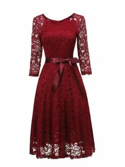 Women‘s Vintage Tea Dresses Party Dress Lace Dress Homecoming Dress Knee Length Dress Pink Wine Navy Blue 3/4 Length Sleeve Pure Color Lace Summer Spring Fall V Neck Classic Winter Dress -LIGHTINTHEBOX Shop eztgjh1600920040480