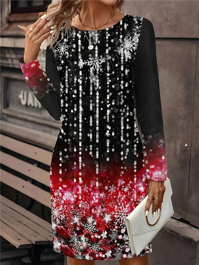 Women's Christmas Dress Casual Dress Mini Dress Active Fashion Outdoor Christmas Holiday Crew Neck Print Snowflake Loose Fit Wine Blue Gray S M L XL XXL 3 Women's Christmas Dress Casual Dress Mini Dress Active Fashion Outdoor Christmas Holiday Crew Neck Print Snowflake Loose Fit Wine Blue Gray S M L XL XXL