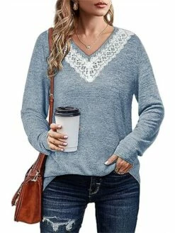 T Shirt Tee Women's Black Red Blue Color Block Lace Patchwork Daily Fashion V Neck Regular Fit S