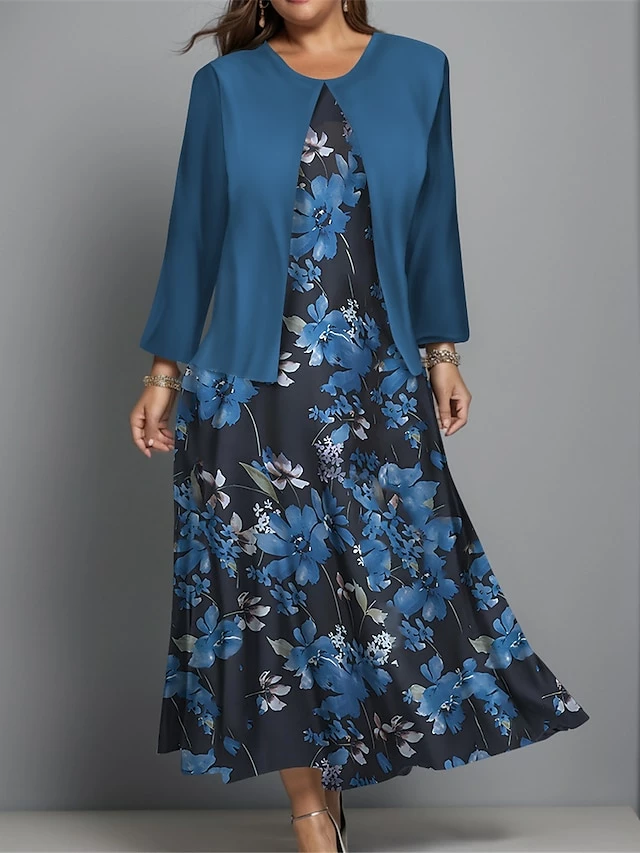 Women's Plus Size Two Piece Dress Set Casual Dress Swing Dress Outdoor Office Fashion Streetwear Print Midi Dress Crew Neck Long Sleeve Floral Regular Fit Burgundy Navy Blue Blue Fall Winter L XL XXL 3 Women's Plus Size Two Piece Dress Set Casual Dress Swing Dress Outdoor Office Fashion Streetwear Print Midi Dress Crew Neck Long Sleeve Floral Regular Fit Burgundy Navy Blue Blue Fall Winter L XL XXL