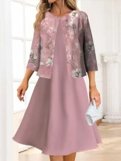 Women's Two Piece Dress Set Casual Dress Swing Dress Outdoor Office Fashion Streetwear Print Midi Dress Crew Neck 3/4 Length Sleeve Floral Regular Fit Pink Royal Blue Blue Spring Fall S M L XL XXL