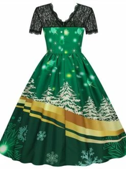 Women's Christmas Swing Dress Vintage DressKnee Length Dress Green Wine Dark Green Fuchsia Red Black Short Sleeve Santa Claus Snowman Snowflake Lace Print Fall Winter V Neck Vacation Vintage 2022 S -LIGHTINTHEBOX Shop fazizn1665293366102