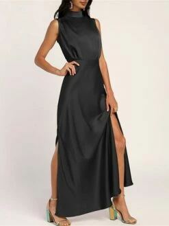 Women's Prom Dress Party Dress Satin Dress Long Dress Maxi Dress Black Light Green Wine Sleeveless Pure Color Split Summer Spring Stand Collar Fashion Evening Party Wedding Guest Vacation Loose Fit -LIGHTINTHEBOX Shop fcvcxa1678413533556