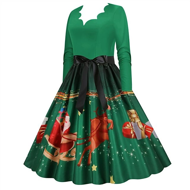 Women's Christmas Party Dress Swing DressKnee Length Dress Green Wine Dark Green Red Black Long Sleeve Santa Claus Elk Snowman Print Fall Winter V Neck Vintage Party Elegant Party 2022 S M L XL XXL 8 Women's Christmas Party Dress Swing DressKnee Length Dress Green Wine Dark Green Red Black Long Sleeve Santa Claus Elk Snowman Print Fall Winter V Neck Vintage Party Elegant Party 2022 S M L XL XXL - Image 6