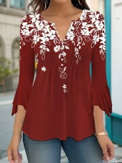 Women's Shirt Blouse Red Blue Green Floral Print 3/4 Length Sleeve Casual Holiday Daily Basic Round Neck Regular Fit Floral Fall & Winter -LIGHTINTHEBOX Shop fdhutr1691665931707