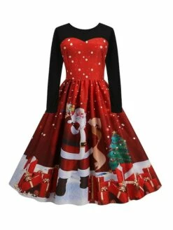Women‘s Christmas Retro Elegant Vintage Dress Midi Dress Party Ruched Patchwork Santa Claus Crew Neck Long Sleeve Regular Fit Fall Winter 2023 Black Red S M L XL -LIGHTINTHEBOX Shop fdikab1694426162152
