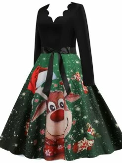 Women's Christmas Casual Dress Swing Dress Midi Dress Green Wine Light Red Fuchsia Red Long Sleeve Santa Claus Elk Bow Print Winter Fall V Neck Vacation Vintage 2022 S M L XL XXL 3XL -LIGHTINTHEBOX Shop fdilkp1666761907896