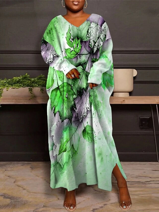 Women's Plus Size Curve Casual Dress Winter Dress Leaf Long Dress Maxi Dress Long Sleeve Print V Neck Fashion Outdoor Blue Purple Fall Winter L XL XXL 3XL 4XL 6 Women's Plus Size Curve Casual Dress Winter Dress Leaf Long Dress Maxi Dress Long Sleeve Print V Neck Fashion Outdoor Blue Purple Fall Winter L XL XXL 3XL 4XL - Image 4