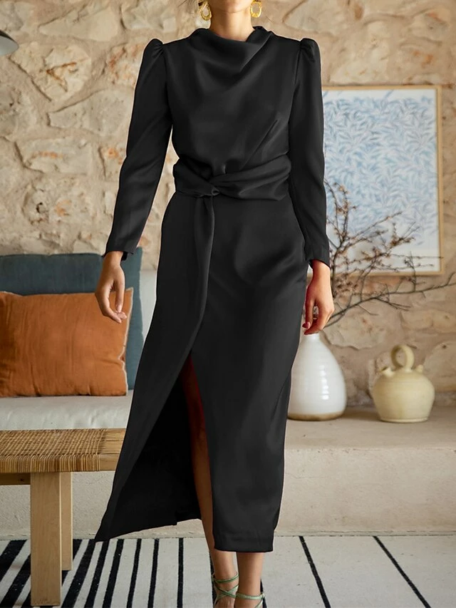 Women's Work Dress Satin Dress Semi Formal Dress Fashion Long Dress Maxi Dress Split Stand Collar Long Sleeve Plain Regular Fit Black Blue Sky Blue Fall Winter S M L XL 14 Women's Work Dress Satin Dress Semi Formal Dress Fashion Long Dress Maxi Dress Split Stand Collar Long Sleeve Plain Regular Fit Black Blue Sky Blue Fall Winter S M L XL - Image 12