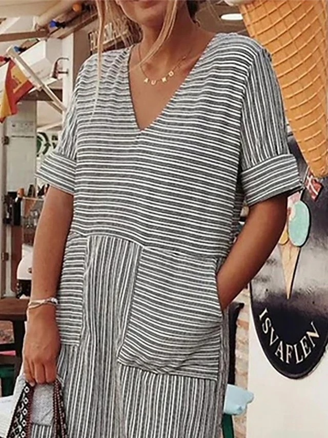 Women's Casual Dress Cotton Linen Dress Midi Dress Cotton Blend Fashion Modern Outdoor Daily V Neck Pocket Rolled Cuff Half Sleeve Summer Spring Fall 2023 Loose Fit Gray Striped S M L XL 2XL 5 Women's Casual Dress Cotton Linen Dress Midi Dress Cotton Blend Fashion Modern Outdoor Daily V Neck Pocket Rolled Cuff Half Sleeve Summer Spring Fall 2023 Loose Fit Gray Striped S M L XL 2XL - Image 3