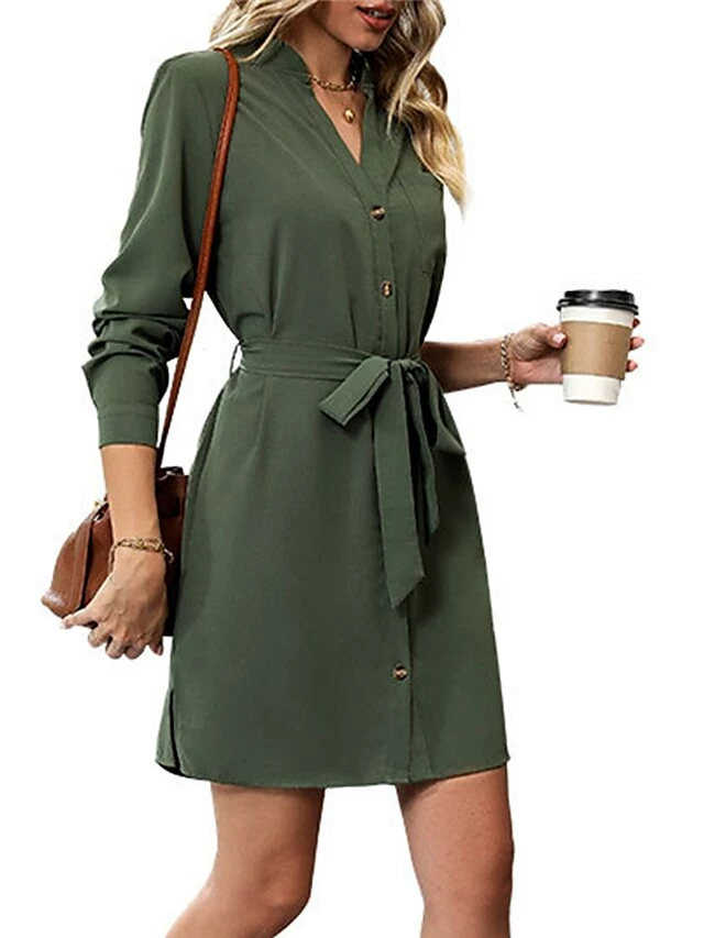 Women's Work Dress Casual Dress Semi Formal Dress Fashion Office Daily Workfashion Mini Dress Lace Up Button V Neck Long Sleeve Plain Loose Fit Army Green Fall Winter S M L XL 7 Women's Work Dress Casual Dress Semi Formal Dress Fashion Office Daily Workfashion Mini Dress Lace Up Button V Neck Long Sleeve Plain Loose Fit Army Green Fall Winter S M L XL - Image 5