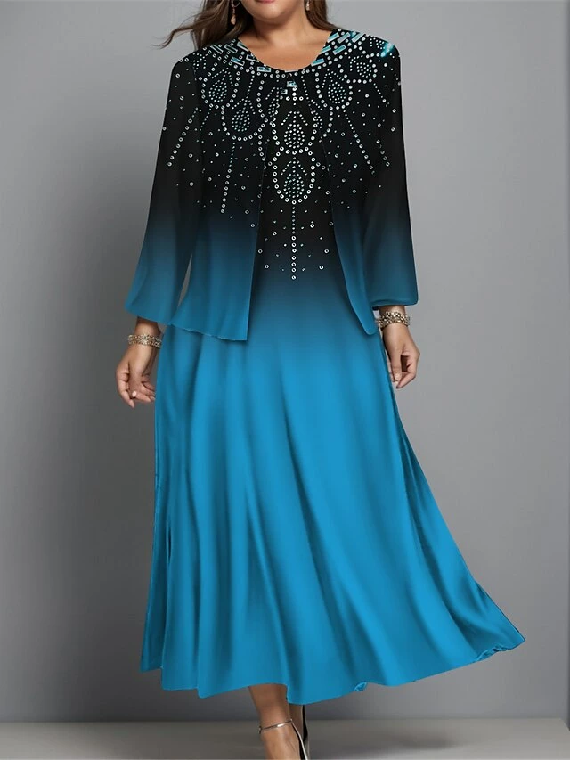 Women's Plus Size Two Piece Dress Set Casual Dress Swing Dress Outdoor Office Fashion Streetwear Print Midi Dress Crew Neck Long Sleeve Geometric Ombre Regular Fit Blue Purple Green Fall Winter L XL 4 Women's Plus Size Two Piece Dress Set Casual Dress Swing Dress Outdoor Office Fashion Streetwear Print Midi Dress Crew Neck Long Sleeve Geometric Ombre Regular Fit Blue Purple Green Fall Winter L XL - Image 2