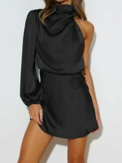 Women‘s Christmas Party Dress Homecoming Dress Satin Dress Wedding Guest Dress Mini Dress Black Light Green Blue Long Sleeve Pure Color Ruched Spring Fall Winter High Neck Fashion Winter Dress -LIGHTINTHEBOX Shop femmze1694586302463