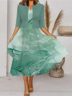 Women's Two Piece Dress Set Casual Dress Tank Dress Outdoor Daily Fashion Streetwear Pocket Print Midi Dress V Neck 3/4 Length Sleeve Geometric Color Block Regular Fit Black White Blue Spring Fall S -LIGHTINTHEBOX Shop fensyl1690857633570