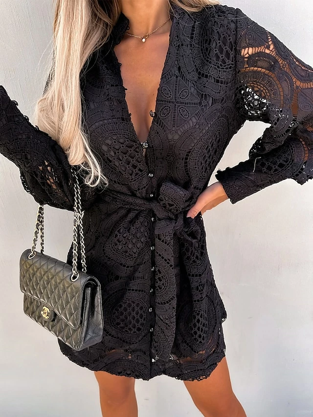 Women's Party Dress Lace Dress Cocktail Dress Mini Dress Black Green Rose Long Sleeve Pure Color Lace Fall Winter Autumn Stand Collar Fashion Vacation 2023 S M L XL 3 Women's Party Dress Lace Dress Cocktail Dress Mini Dress Black Green Rose Long Sleeve Pure Color Lace Fall Winter Autumn Stand Collar Fashion Vacation 2023 S M L XL