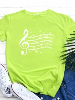 Women's T Shirt Tee 100% Cotton Black White Light Green Music Print Short Sleeve Daily Weekend Basic Round Neck Regular Fit -LIGHTINTHEBOX Shop ffjzza1646893744044