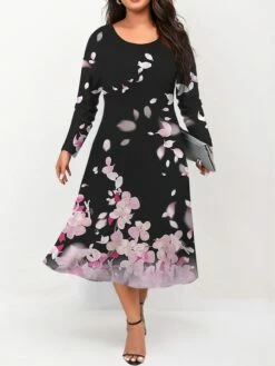 Women's Plus Size Curve Casual Dress Skater Dress A Line Dress Floral Midi Dress Long Sleeve Print Crew Neck Fashion Outdoor Pink Blue Fall Winter L XL XXL 3XL 4XL
