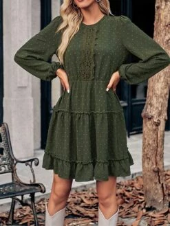 Women's Work Dress Casual Dress Fashion Winter Dress Daily Mini Dress Ruched Ruffle Crew Neck Long Sleeve Plain Loose Fit Brown Army Green Apricot Fall Winter S M L XL