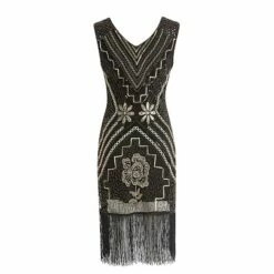Women's Retro 1920s Fringe Dress Midi Dress Party Halloween Sequins Tassel Fringe Floral V Neck Sleeveless Regular Fit Spring Fall 2023 Black Red S M L XL -LIGHTINTHEBOX Shop fhjenk1692849479987