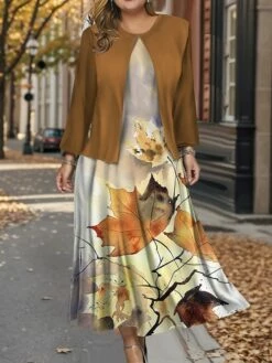 Women's Plus Size Two Piece Dress Set Casual Dress Swing Dress Outdoor Office Fashion Streetwear Print Midi Dress Crew Neck Long Sleeve Leaf Regular Fit Blue Brown Khaki Fall Winter L XL XXL 3XL 4XL