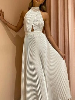 Women's Prom Dress Party Dress Wedding Guest Dress Long Dress Maxi Dress White Pink Purple Sleeveless Pure Color Pleated Summer Spring Halter Neck Fashion Birthday Evening Party Wedding Guest 2023 S