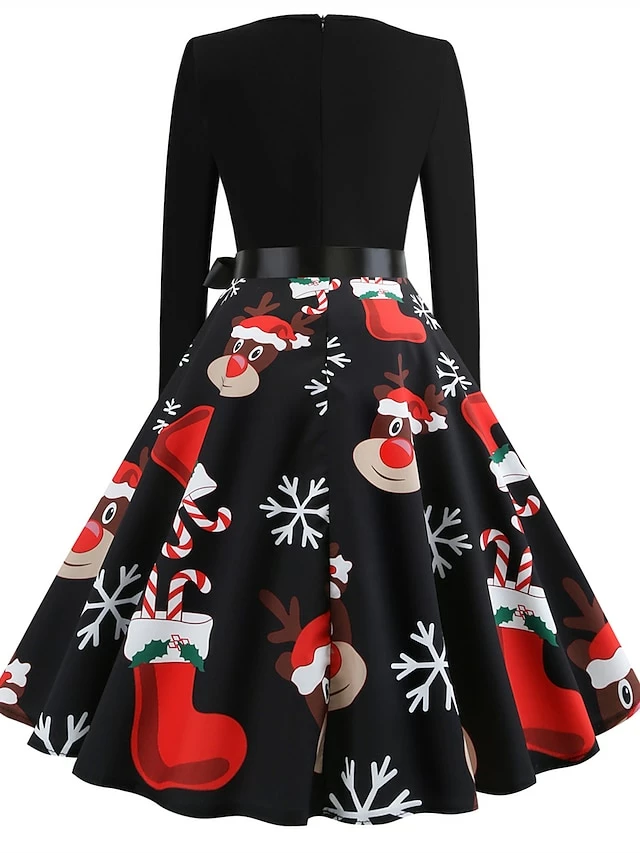 Women's Christmas Retro 1950s Vintage Dress Midi Dress Party Ruched Bow Fruit V Neck Long Sleeve Regular Fit Fall Winter 2023 Deep Green Black S M L XL 6 Women's Christmas Retro 1950s Vintage Dress Midi Dress Party Ruched Bow Fruit V Neck Long Sleeve Regular Fit Fall Winter 2023 Deep Green Black S M L XL - Image 4
