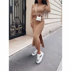 Women's Two Piece Dress Set Casual Dress Sweater Dress Outdoor Daily Fashion Streetwear Split Midi Dress Crew Neck Long Sleeve Plain Regular Fit Black White Orange Fall Winter S M L XL XXL -LIGHTINTHEBOX Shop fiegot1695635367072