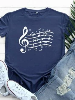 Women's T Shirt Tee 100% Cotton Black White Light Green Music Print Short Sleeve Daily Weekend Basic Round Neck Regular Fit -LIGHTINTHEBOX Shop fiscme1646893745715