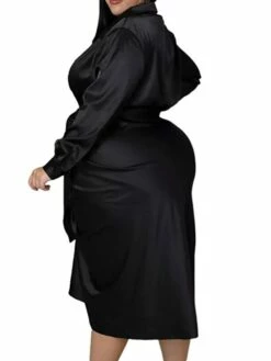 Women‘s Plus Size Curve Flattering Dresses Elegant Apple Shaped Dress Wedding Guest Work Dress Pure Color Shirt Collar Long Sleeve Fall Winter Work Midi Dress Going Out Work Dress Shirt Dress -LIGHTINTHEBOX Shop fivuwa1663665120219