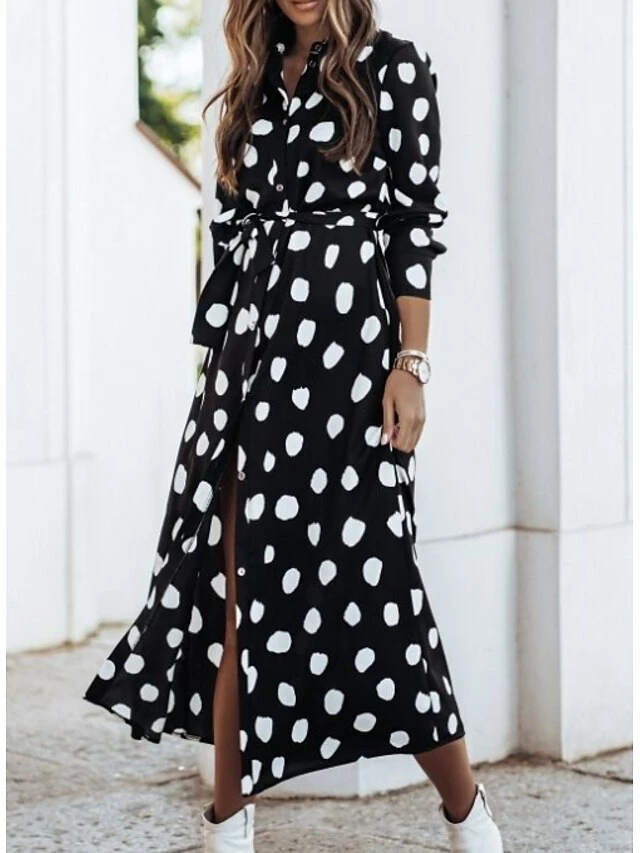 Women's Sheath Dress Midi Dress Black Yellow Light Brown Long Sleeve Polka Dot Split Winter Fall Autumn Shirt Collar Winter Dress Fall Dress Loose Fit S M L XL XXL 6 Women's Sheath Dress Midi Dress Black Yellow Light Brown Long Sleeve Polka Dot Split Winter Fall Autumn Shirt Collar Winter Dress Fall Dress Loose Fit S M L XL XXL - Image 4