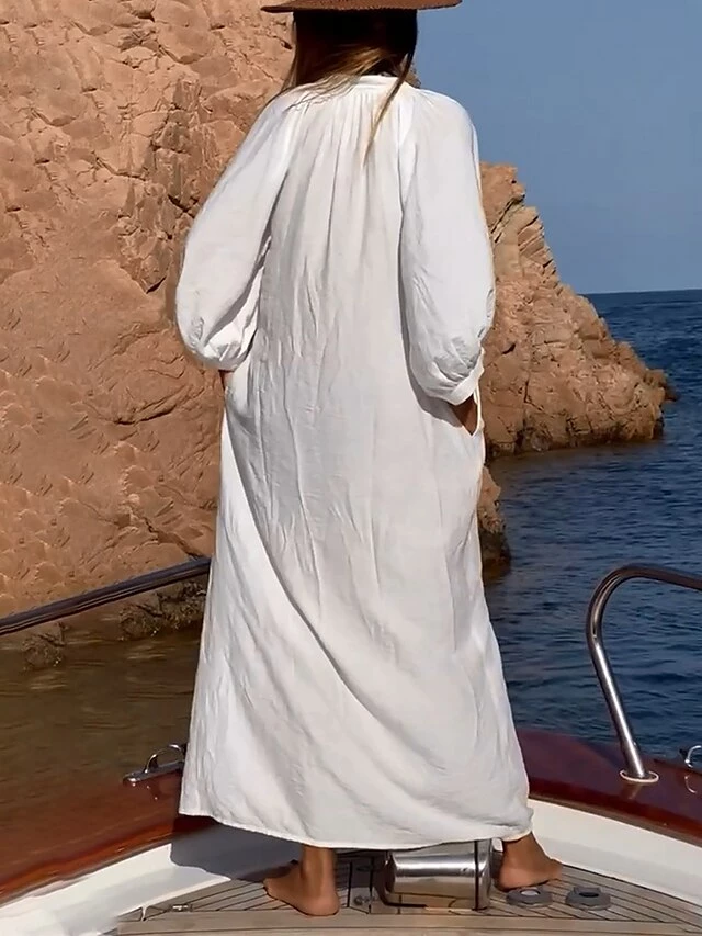 Women's Casual Dress Cotton Dress Shift Dress Maxi Long Dress Cotton Fashion Daily Outdoor Daily Vacation Stand Collar Button Pocket 3/4 Length Sleeve Fall Autumn 2023 Loose Fit White Plain S M L XL 5 Women's Casual Dress Cotton Dress Shift Dress Maxi Long Dress Cotton Fashion Daily Outdoor Daily Vacation Stand Collar Button Pocket 3/4 Length Sleeve Fall Autumn 2023 Loose Fit White Plain S M L XL - Image 3