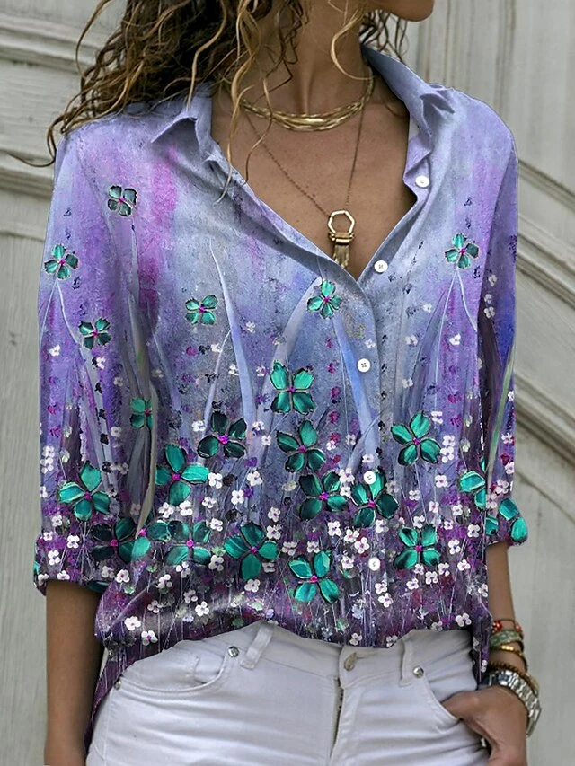 Women's Shirt Blouse Yellow Pink Purple Floral Button Print Long Sleeve Holiday Going Out Streetwear Casual Shirt Collar Regular Fit Spring Fall 4 Women's Shirt Blouse Yellow Pink Purple Floral Button Print Long Sleeve Holiday Going Out Streetwear Casual Shirt Collar Regular Fit Spring Fall - Image 2