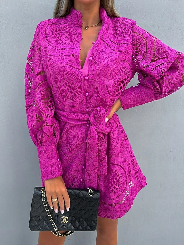 Women's Party Dress Lace Dress Cocktail Dress Mini Dress Black Green Rose Long Sleeve Pure Color Lace Fall Winter Autumn Stand Collar Fashion Vacation 2023 S M L XL 5 Women's Party Dress Lace Dress Cocktail Dress Mini Dress Black Green Rose Long Sleeve Pure Color Lace Fall Winter Autumn Stand Collar Fashion Vacation 2023 S M L XL - Image 3