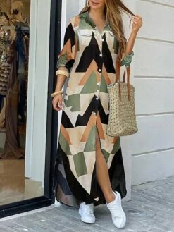 Women's Shirt Dress Maxi Long Dress Winter Dress Street Causal Polyester Spandex Basic Elegant Collar Pocket Split Long Sleeve Summer Spring Fall 2022 Loose Fit Multicolor Newspaper Diamond Geometric